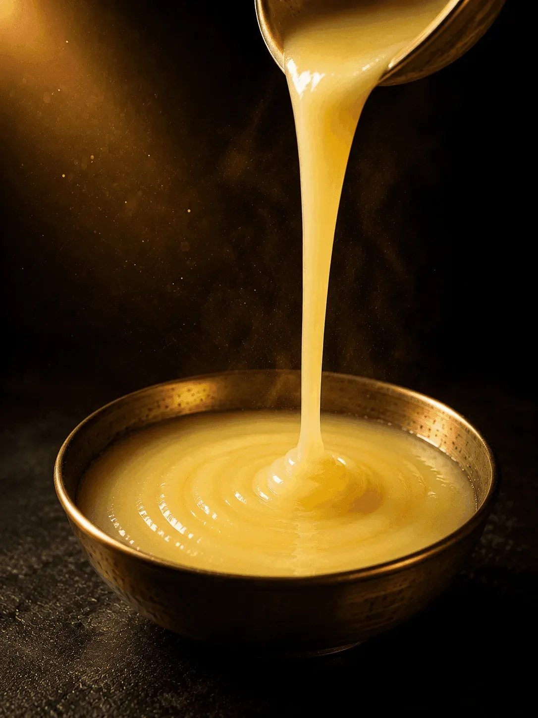 Macro of flowing liquid gold ghee