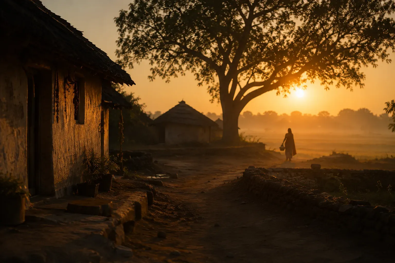Sunrise settling over an Indian village