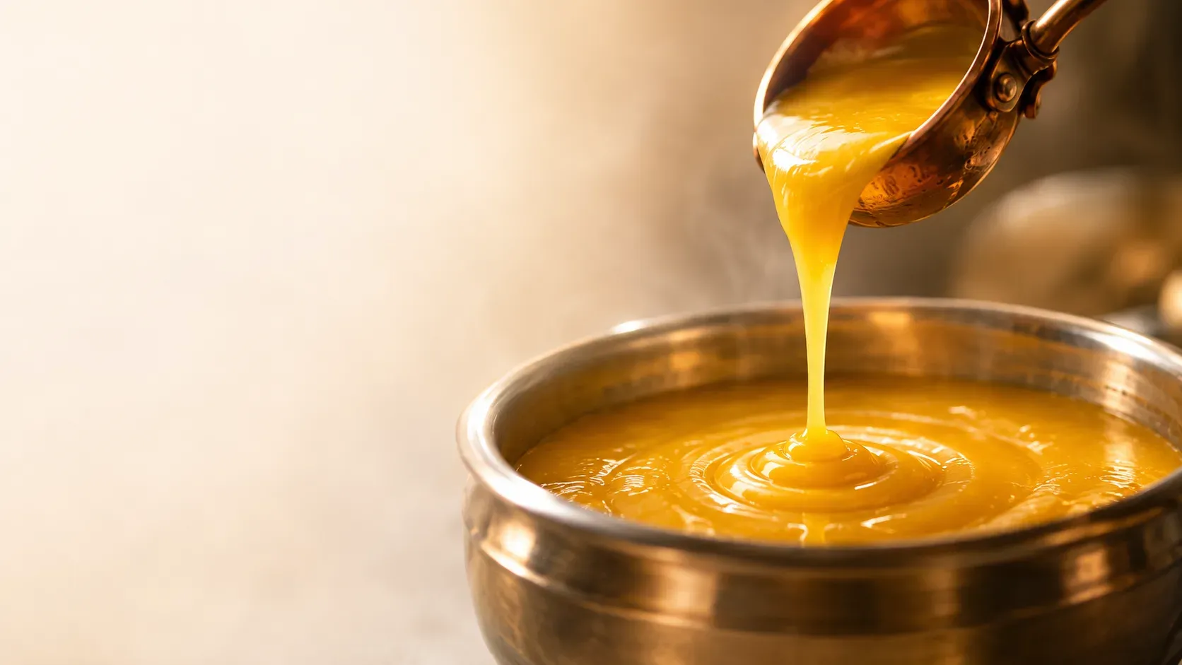 Golden ghee being poured from a copper ladle into a brass pot